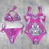 Womens Pink Bikini Vintage Pattern Swimwear Ladies One Piece Swimsuit Strap Split Bathing Suit