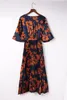 Orange V Neck Wrap Pleated Maxi Floral Dress med slips L7SL#