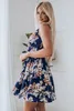 blue Floral Print Surplice V Neck Sleeveless Short Dress w8Wn#