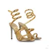 Rene Caovilla Golden Sandals Rhinestones utsmyckade metalliska Cortex Snake Strass Stiletto Heel Sandaler Evening Shoes Luxury Designers Ankel Wraparound H3G