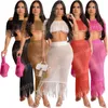 Zomerstrand gebreide kwastje tweedelig set vrouwen sexy off schouder korte mouw crop top maxi rok hollow out vakanties pak