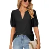 2023 outdoor shopping mall summer casual V-collar solid color hollow foam sleeve loose t-shirt blouse woman