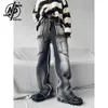 Mens jeans baggy svarta män binds färgtvätt grov kant rak bred ben byxor skarv goth vintage streetwear denim casual byxor 230516