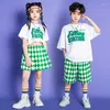 Scene Wear Kids Hip Hop Clothing T Shirt Tops Checkered Shorts Kjol för Girl Boy Jazz Dance Costume Set Cheerleading visar kläder