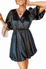 Black Princess Bubble Mouw Satin Mini Dress A8WB#