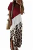 Rode luipaard kleurblok zijkant spleet t -shirt maxi jurk Q1UV#