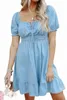 sky Blue Square Neck Front Tie Ruffled Hem Chambray Dress 07Dr#