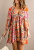 Multicolour v Neck 3/4 Sleeve Boheemian Vintage Print Mini Dress G9K5#