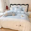 Bedding Sets Luxury Four Piece Princess Style Cotton Pastoral Lotus Leaf Lace Khaki Embroidery Net Red High-grade S