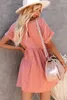 pink Roll Up Short Sleeve V Neck Babydoll Mini Dress G7Cu#