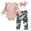 Kläder sätter baby flickor kläder fast färg rib stickad romper bodysuit blommor byxor leggings pannband 0-24m född spädbarnsmyndigheter