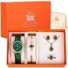 Нарученные часы часы с календарем для женщин роскошные водонепроницаемые из нержавеющей стали кварцевые зеленые серьги набор кольех подарки