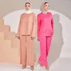 Ethnic Clothing Malaysia Women Summer Muslim Sets Long Sleeve Blouse Top Wide Leg Pants Casual Loose Turkey Femme Dubai Solid Color Middle