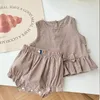 Clothing Sets Girl Fashion Plaid Lace Hem Sleeveless T-shirt Baby Kids Girls Vest Tops Loose Bread Shorts Infant Summer Thin Boutique Suit