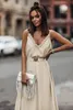 apricot V Neck Sleeveless Maxi Dress with Elastic Belt H4QL#