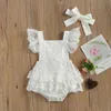 Conjuntos de ropa para niñas pequeñas, ropa de verano, ropa con bordado de encaje blanco, 2 piezas, Pelele tutú de tul con manga de volantes para niña bonita con diadema