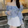 Blouses feminina Blue Bull Floral Print Button Chiffon Top Lace-Up Women Blush Ruffles