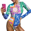 Costume da bagno femminile bikini a maniche lunghe costume da nuoto stampato fiore senza schienale multicolore