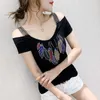 T-shirt da donna Streetwear Girl Summer Off The Shoulder Women Mesh Tops Elegante causale sottile diamante femminile sexy con scollo a V T-shirt Tees