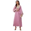 Ethnic Clothing Kaftan Caftan Muslim Woman Abaya Pink Turkish Dubai Three-dimensional Embroidery Dress V-neck Lace-up Ramadan Female