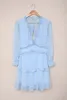 sky Blue Layered Ruffled Open Back Puff Sleeve Swiss Dot Mini Dress a3Wl#