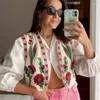 Damvästar 2023 Kvinnor Vintage Blommor Broderad Öppen väst Dam National Style Väst Jacka Outfits Casual Vacation Crop Top