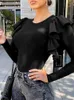 Damesblouses celmia ruches stiksel geribbel gebreide tuniek tops strakke fit mode casual herfst blusa vrouwen lange mouw elegante blouse