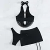 Women's Swimwear 3 Piece Solid Halter Bikini 2023 Women Sexy Swimsuit & Beach Skirt Black Bathers Bathing Swimming Suit Female Beachwear