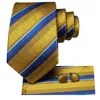 Dziełki w paski niebieski żółty szyja dla mężczyzn luksus o szerokości 8,5 cm jedwabne krawat ślubny kieszonki kwadratowe spinki do mankietu Ustaw broszki prezenty hi-tie