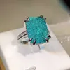 Band Rings 2022 NEW Luxury Emerald Paraiba Gemstone Four-Claw Couple Ring For Women Rectangle Full Diamond Anniversary Party Gift Jewelry J230517