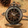 Pocket Watches Retro Bronze Phoenix Carving Hollow Cover Double Open Case Watch Mechanical Hand Winding Fob Chain for Men Women