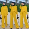 Ethnic Clothing Malaysia Women Summer Muslim Sets Long Sleeve Blouse Top Wide Leg Pants Casual Loose Turkey Femme Dubai Solid Color Middle