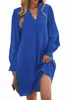 Blue Split V pescoço mangas com babados vestido de camisa C5H8#