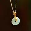 Chinese Style Peaceful Round Jade Pendant Necklace 18K Gold Plated Jewelry