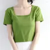 Women's T Shirts HELIAR Women Casual T-shirt Built In Bra Cute Crop Tops Short Sleeves Knitting For Slim Solid Summer 2023