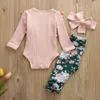 Kläder sätter baby flickor kläder fast färg rib stickad romper bodysuit blommor byxor leggings pannband 0-24m född spädbarnsmyndigheter