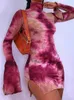 Robes Simenual Tie Dye col montant robes moulantes pour les femmes côté fendu côtelé à manches longues Clubwear tenue de minuit fête Mini robe chaude