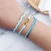 Strand 3pcs / set bleu couleur bohème cire ligne tressé bracelet chanceux métal mot 8 pendentif poignet bracelets chaîne amitié bijoux cadeau