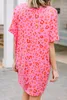 Pink Leopard Print V Neck Shift T-Shirt Dress T81X#