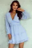 sky Blue Layered Ruffled Open Back Puff Sleeve Swiss Dot Mini Dress a3Wl#