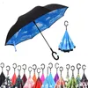 10pcs Folding Reverse Umbrella 52 Styles Double Layer Inverted Long Windproof Rain Car C-Hook Handle Umbrellas