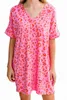 Pink Leopard Print V Neck Shift T-Shirt Dress T81X#