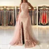 Prom Dresses Sexy Jewel Neck Blush Pink Full Lace Appliques Illusion Mermaid Side Split Evening Dress Plus Size Party Gowns for African Women Overskirts