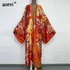 Kvinnors badkläder Winyi Summer Women Cardigan Stitch Robe Cocktail Sexcy Boho Maxi African Holiday Batwing Sleeve Silk Feeling Robe Kimono Caftan 230516