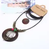 Chains Fashion Vintage Hamsa Hand Leaf Pendant Necklace Multilayer Long Leather Alloy Wood Statement Casual Retro Women Jewelry