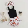 Ensembles de vêtements 0-18 mois bébé filles été 3 pièces noir sans manches à volants barboteuse tête de bétail impression Shorts bandeau tenue pour bébé