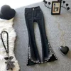 Calças de brim femininas preto lantejoulas queimado para mulheres cintura alta emagrecimento diamante frisado split denim calças de sino outono primavera