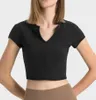 2024 Lu Lu Offenes, gestreiftes, geripptes Nabeloberteil mit tiefem V-Ausschnitt, Sport-Kurzarm-T-Shirt für Damenmode, vielseitiger Outdoor-Fitness-Yoga-Anzug