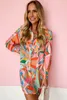 Multicolor Geometric Abstract Print Long Sleeve Shirt Dress Y3n6#