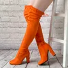 Olomm New Women Winter Over The Knee Boots Faux Suede Chunky Heels Round Toe Elegant Blue Yellow Prom Shoes Plus US Size 5-20